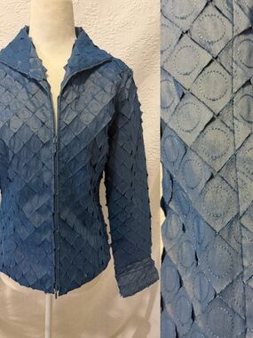 Samuel Dong Blue Textured Geometric Zip Front Jacket sz m Sculptural Stretch